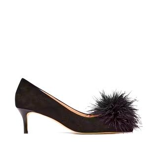 Kate Spade Zoey Pom Pom Kitten Heels + Matching Black Satin Ostrich Feather Bag